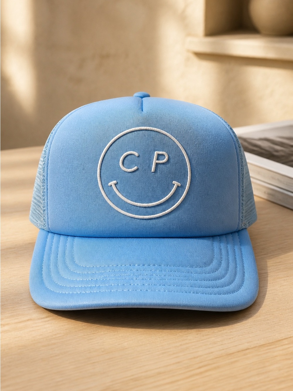 NWT Spiritual Gangster x Club Pilates Blue Trucker Hat Smiley Face Baseball Cap - Picture 2 of 7